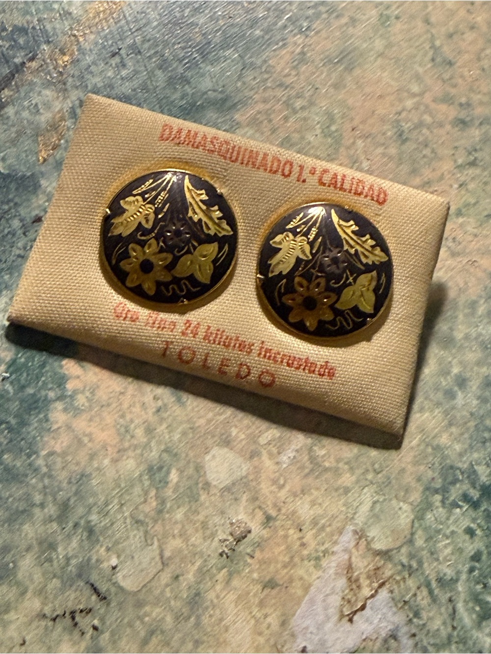 Vintage Damoscene 14k Gold Inlay Black and Gold Floral Button Clip On Earrings